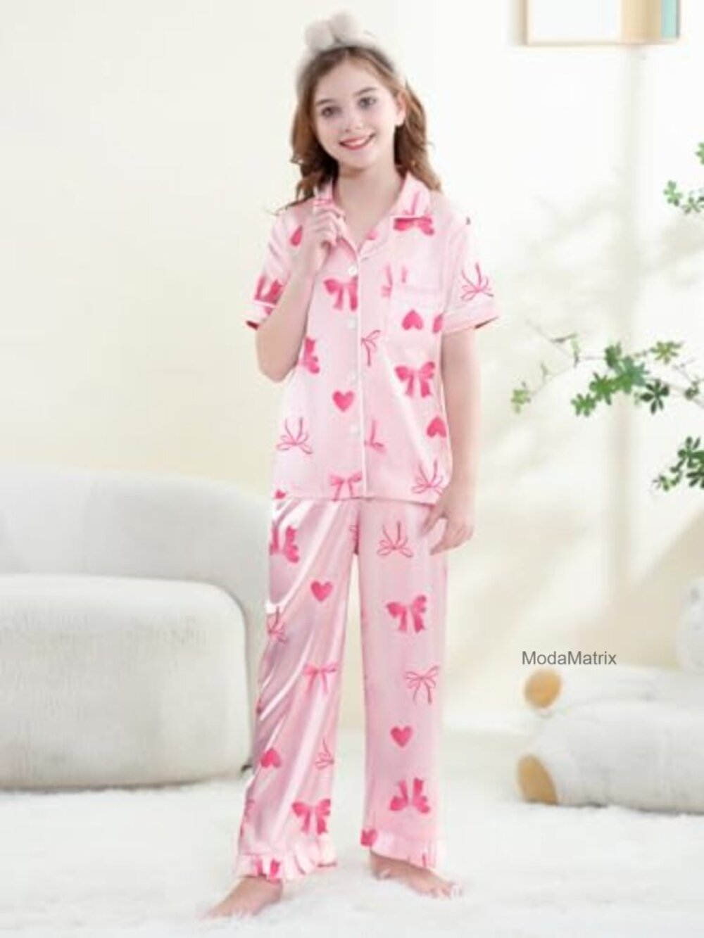 Girls Silk Satin Pajama Set 2 Piece Short Sleeve Button Down Pjs Sleepwear - Picture 3 of 6